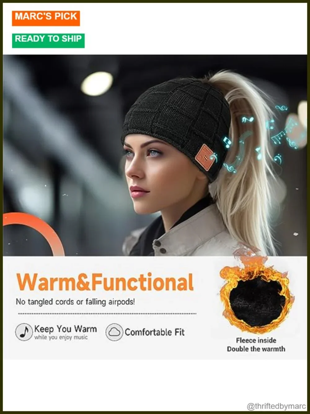 Bluetooth Beanie with Ponytail Hole, Wireless Headphones Hat